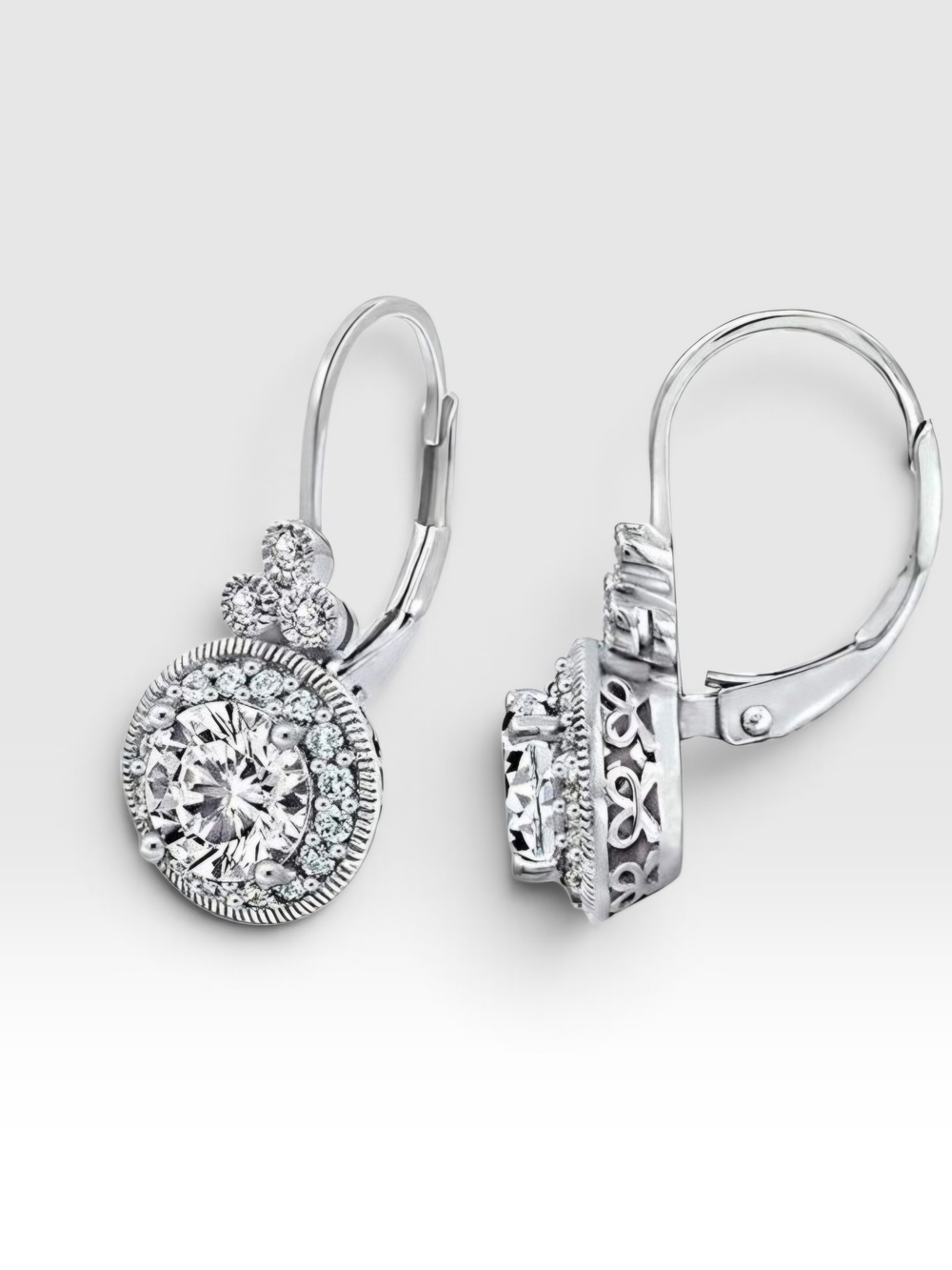 π 925 Sterling Silver CZ Diamond Halo Lever Back Drop Earrings Art Deco - Picture 3 of 15